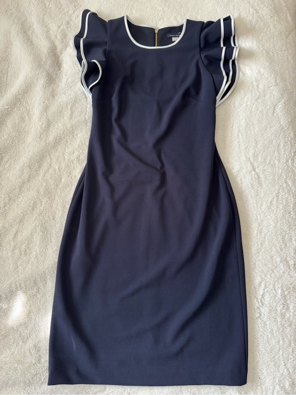 Tommy Hilfiger Navy and White Ruffle Sleeve Midi Dress